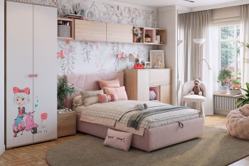 Комплект детской мебели Алина К2 Дуб мария/белый/нежно-розовый велюр в Лесосибирске - lesosibirsk.mebel54.com | фото