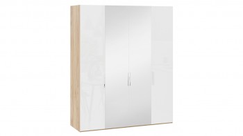 Шкаф комбинированный с 2 глухими и 2 зеркальными дверями «Эмбер» Яблоня Беллуно/Белый глянец в Лесосибирске - lesosibirsk.mebel54.com | фото