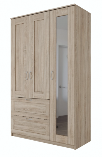 Шкаф трехдверный Сириус с зеркалом и 2 ящиками дуб сонома в Лесосибирске - lesosibirsk.mebel54.com | фото